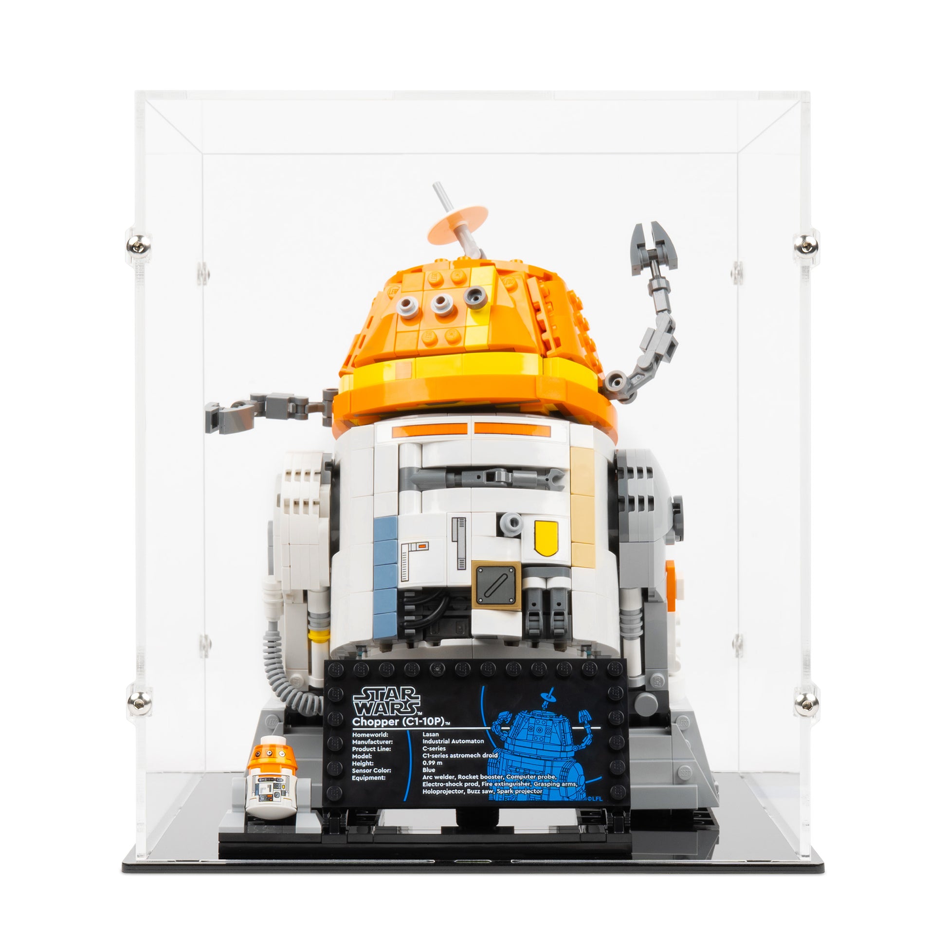 Front view of LEGO 75416 Chopper C1-10P Astromech Droid Display Case.