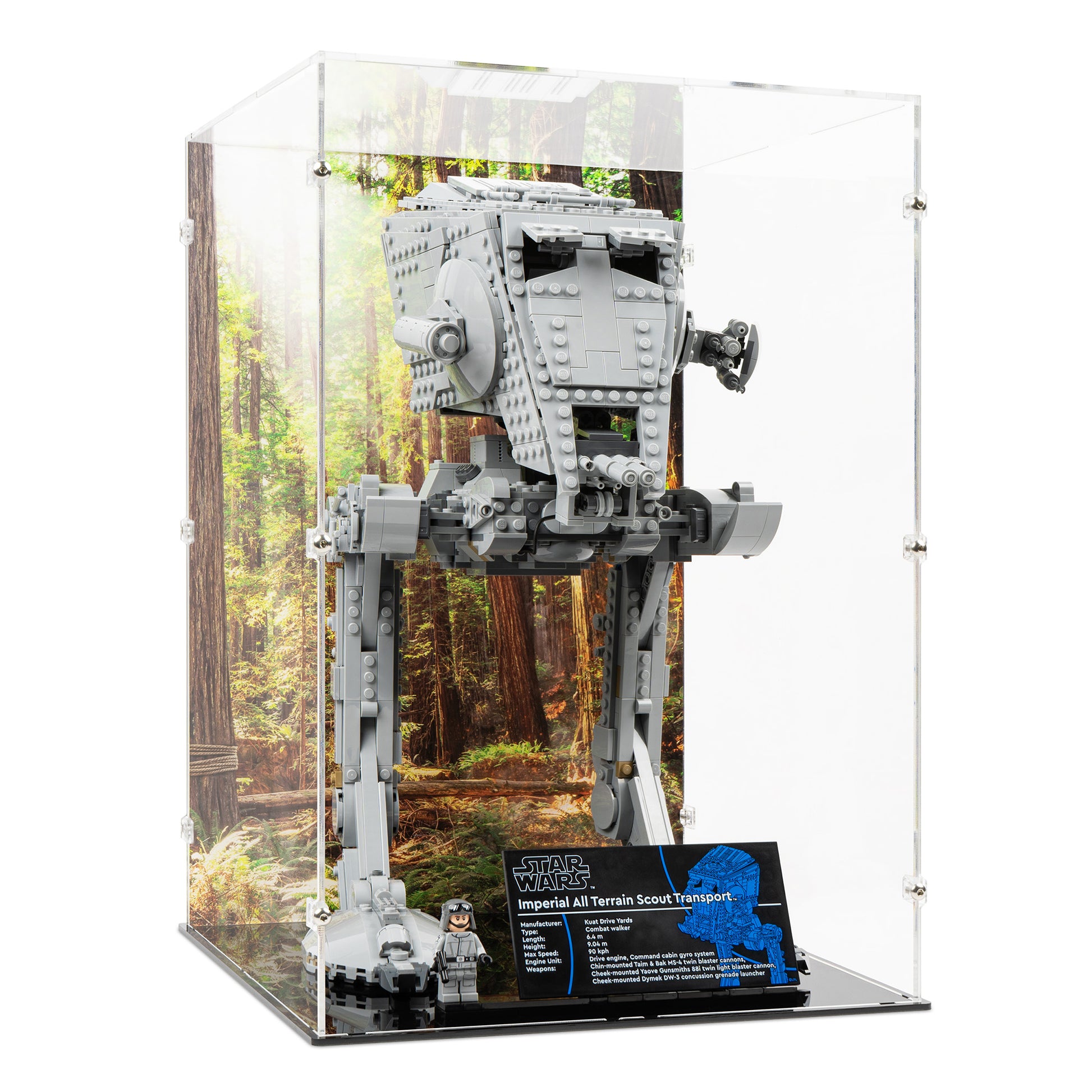 Angled view of LEGO 75417 UCS AT-ST Walker Display Case with a UV printed background.