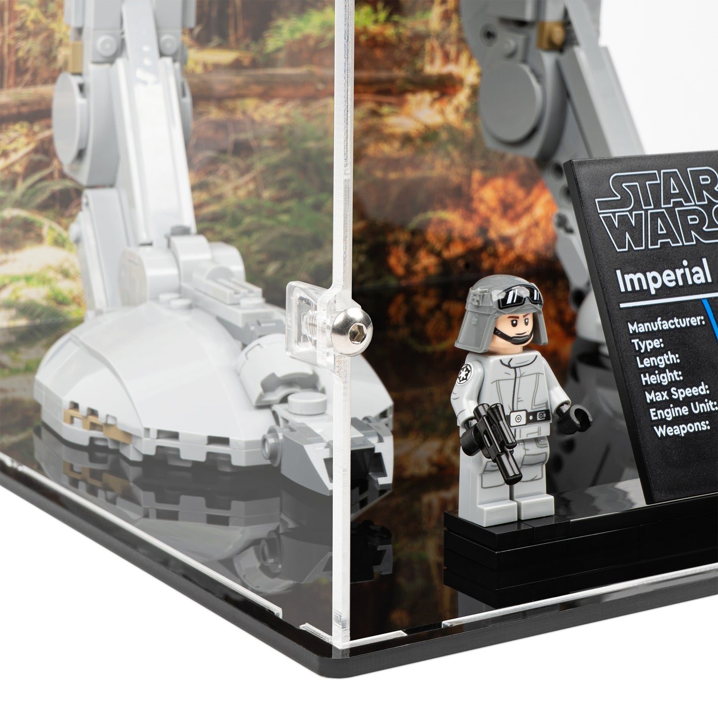Fitting detail view of LEGO 75417 UCS AT-ST Walker Display Case with a UV printed background.