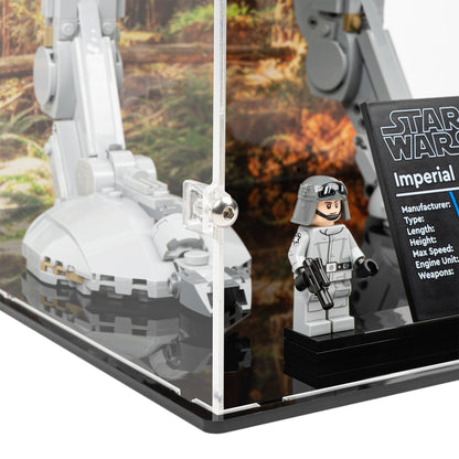 Fitting detail view of LEGO 75417 UCS AT-ST Walker Display Case with a UV printed background.
