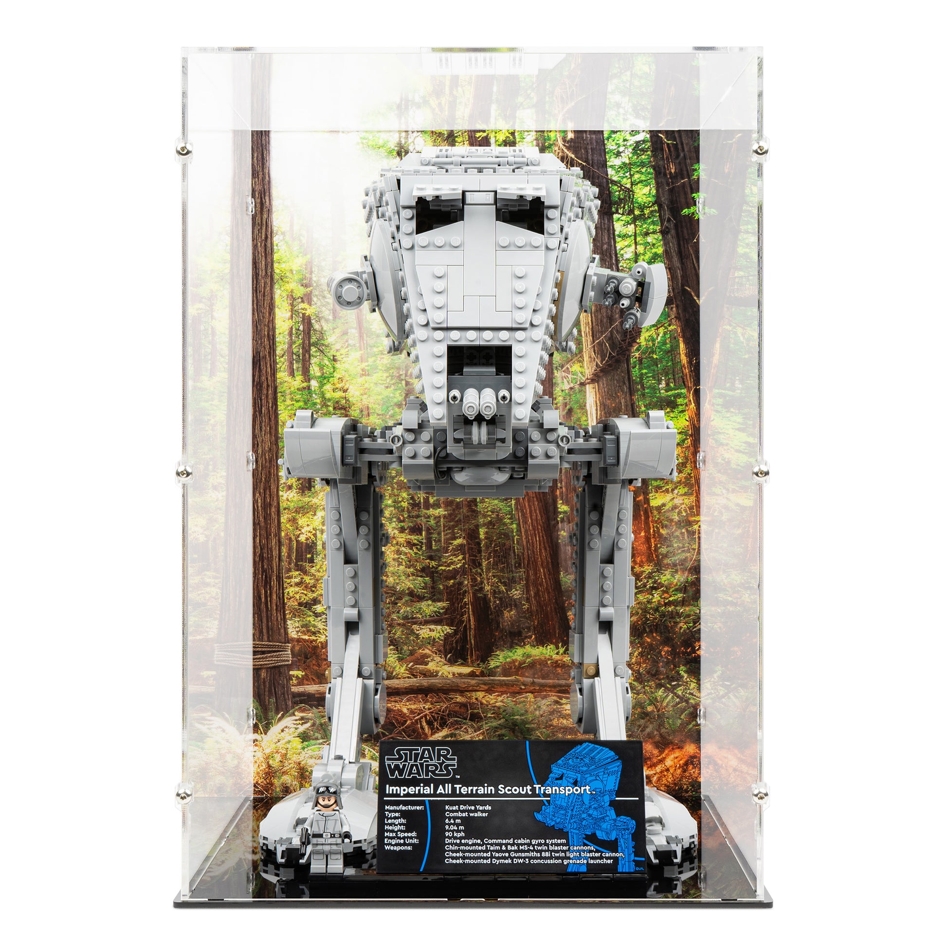 Front view of LEGO 75417 UCS AT-ST Walker Display Case with a UV printed background.