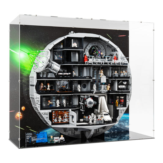 Angled view of LEGO 75419 UCS Death Star Display Case with a UV printed background.