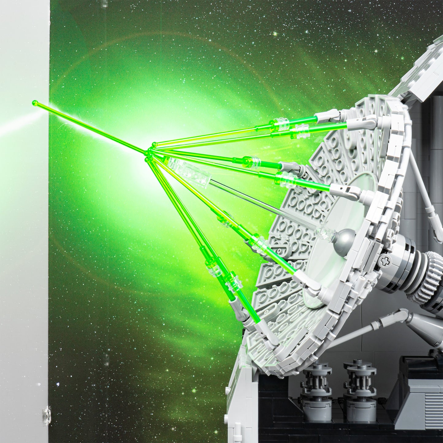 Laser detail view of LEGO 75419 UCS Death Star Display Case with a UV printed background.