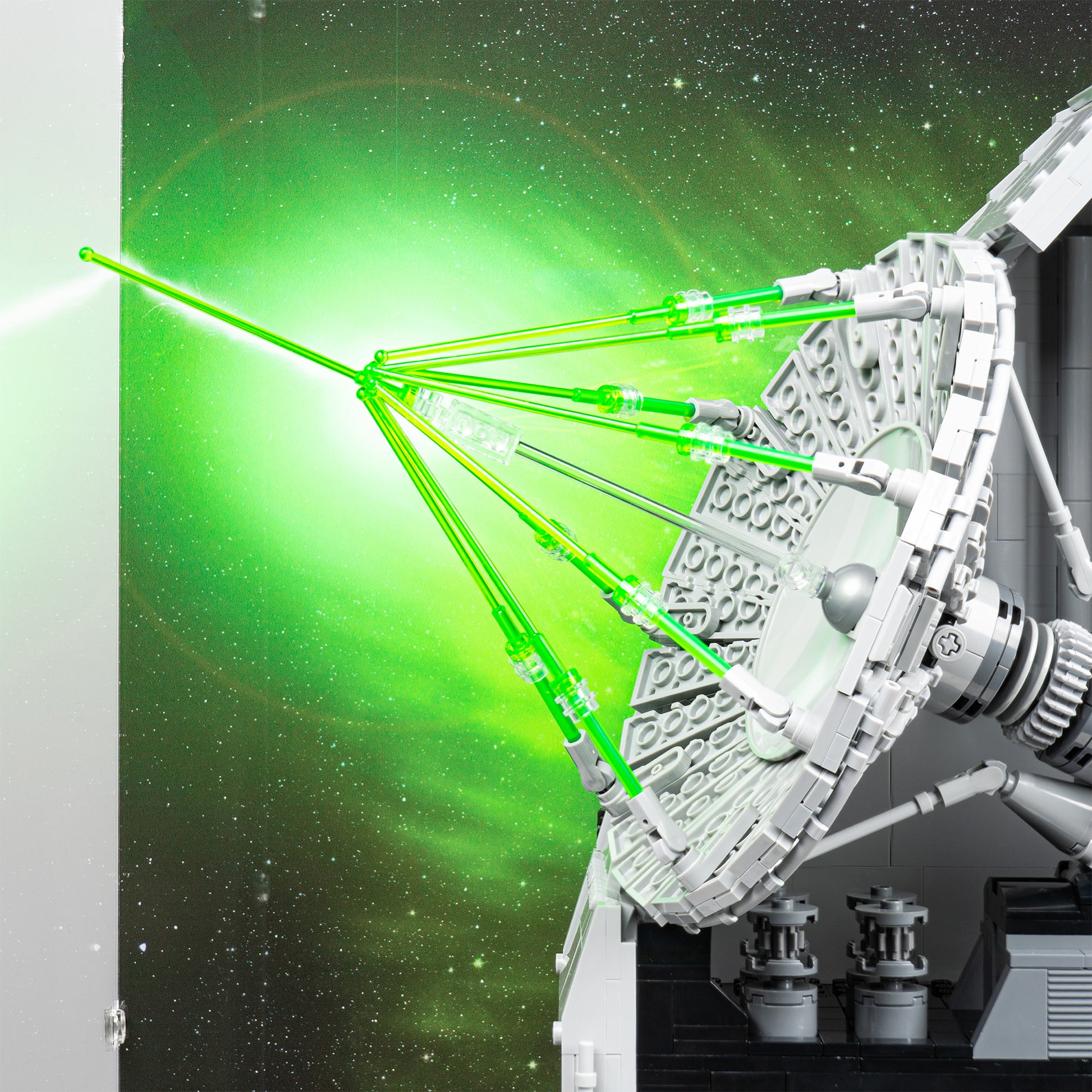 Laser detail view of LEGO 75419 UCS Death Star Display Case with a UV printed background.