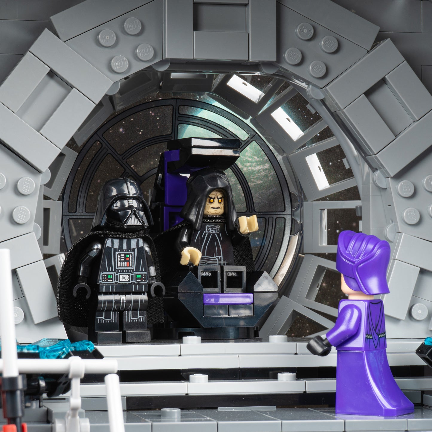 Throne room detail view of LEGO 75419 UCS Death Star Display Case with a UV printed background.