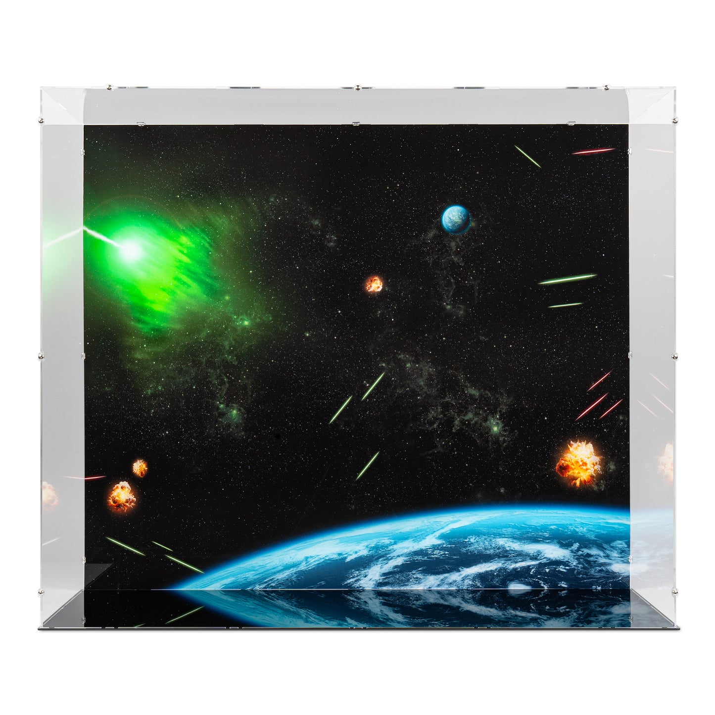 Front view of empty LEGO 75419 UCS Death Star Display Case with a UV printed background.