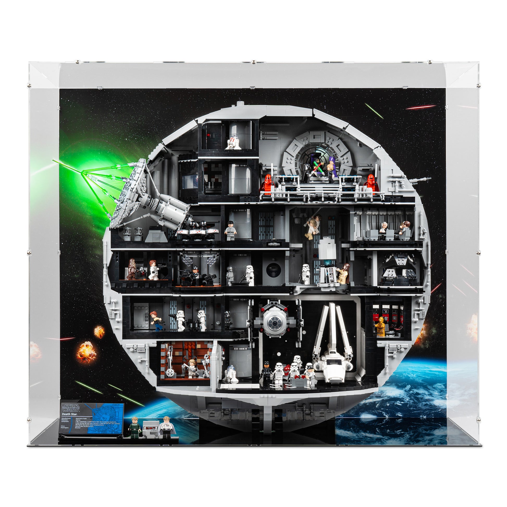 Front view of LEGO 75419 UCS Death Star Display Case with a UV printed background.