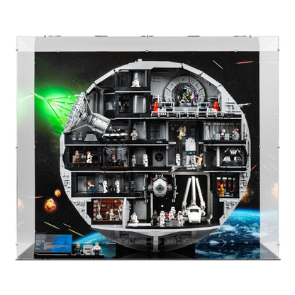 Front view of LEGO 75419 UCS Death Star Display Case with a UV printed background.