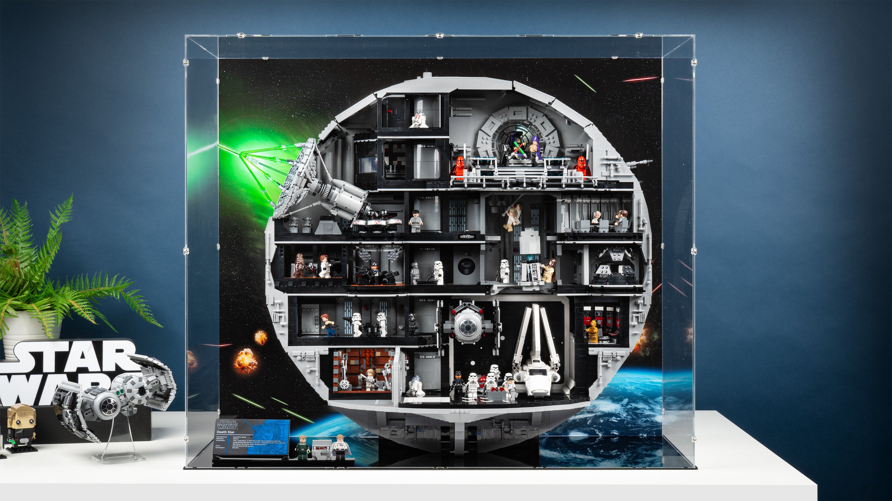 LEGO 75419 UCS Death Star Display Case with a UV printed background.