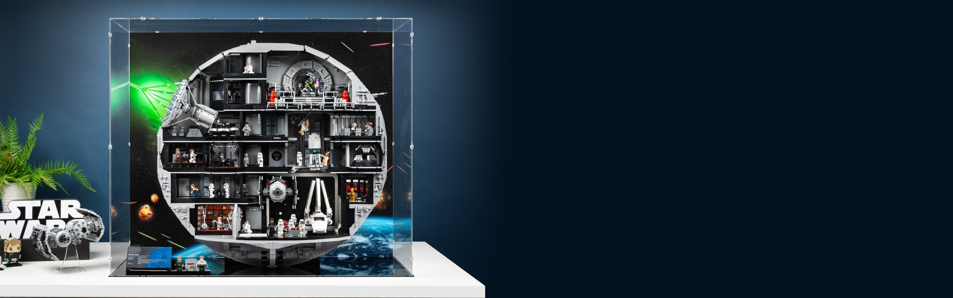 LEGO 75419 UCS Death Star Display Case with a UV printed background.