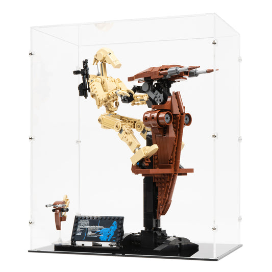 Angled view of LEGO 75428 Battle Droid with STAP Display Case.