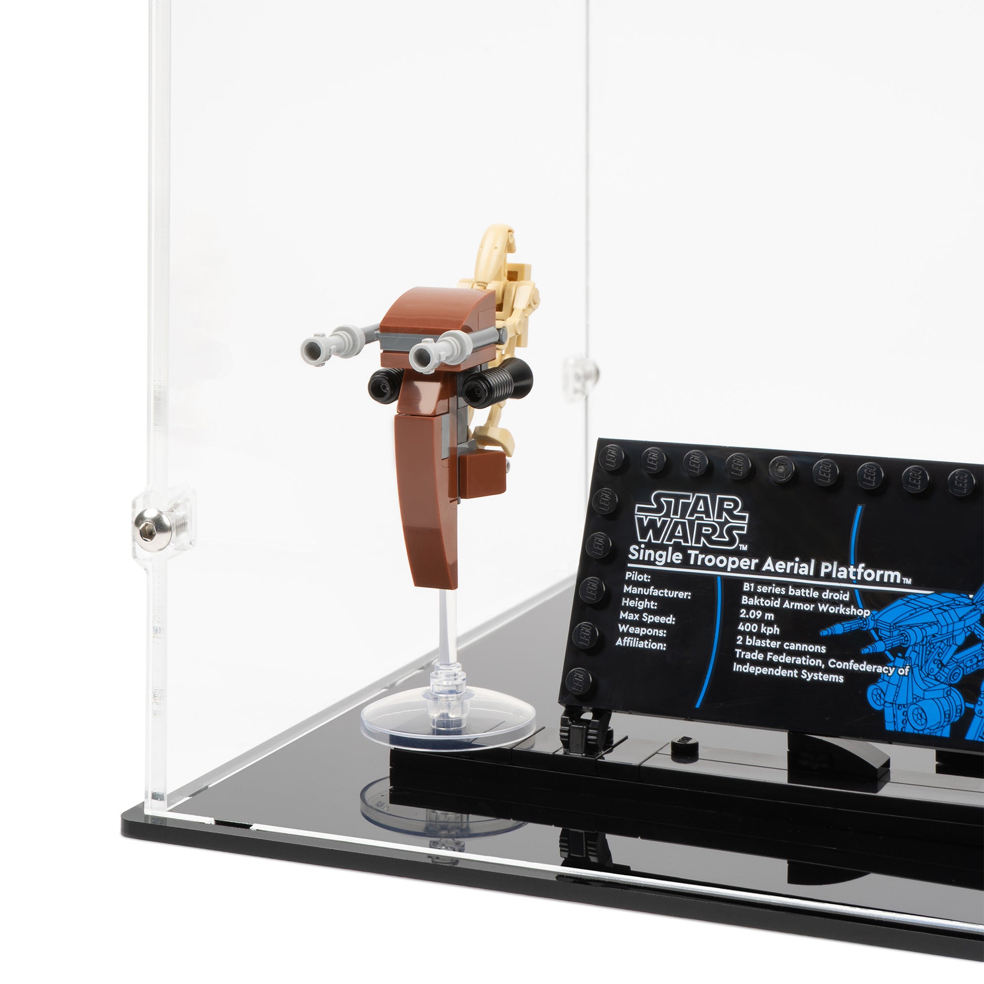 Fitting detail view of LEGO 75428 Battle Droid with STAP Display Case.