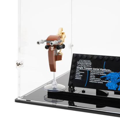 Fitting detail view of LEGO 75428 Battle Droid with STAP Display Case.