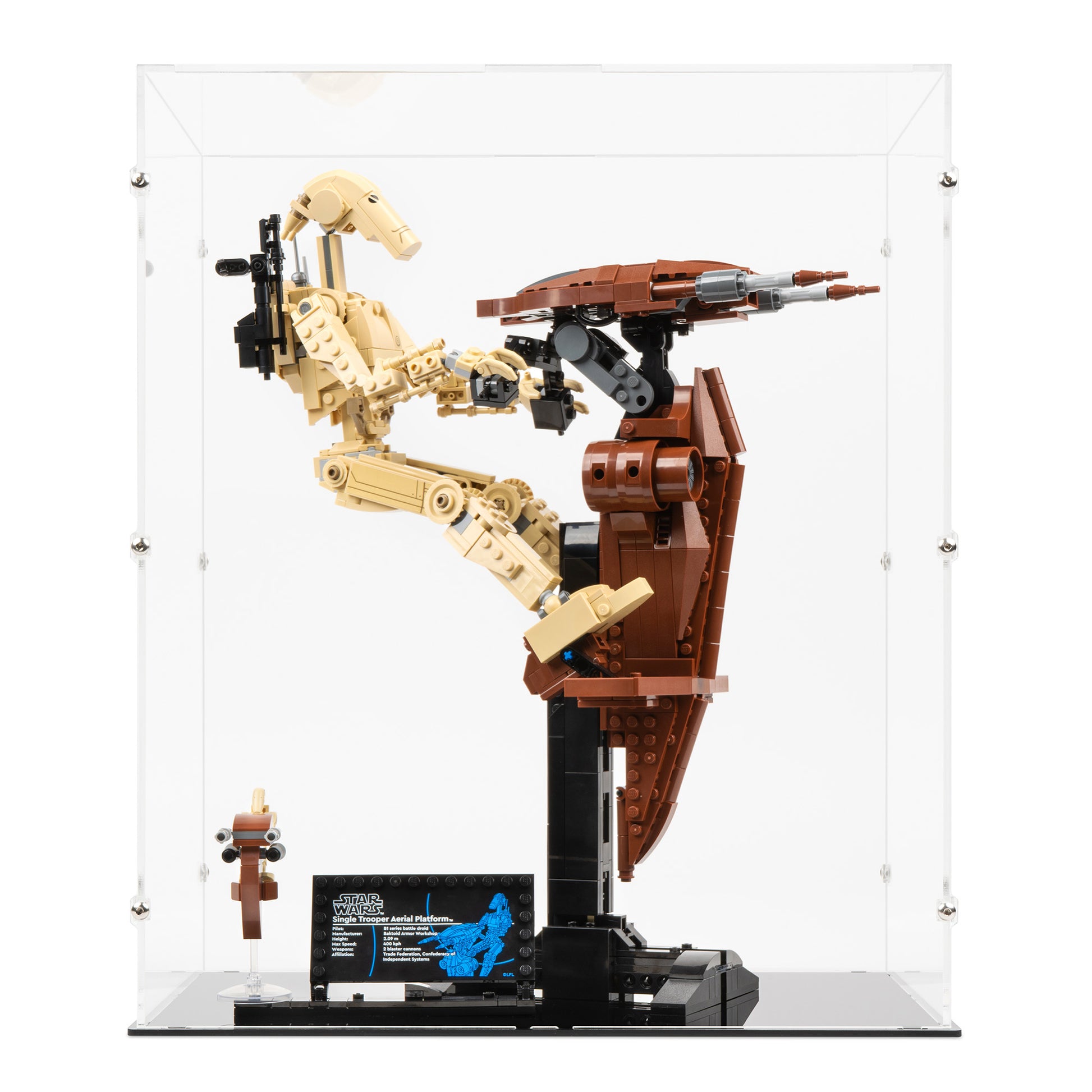 Front view of LEGO 75428 Battle Droid with STAP Display Case.