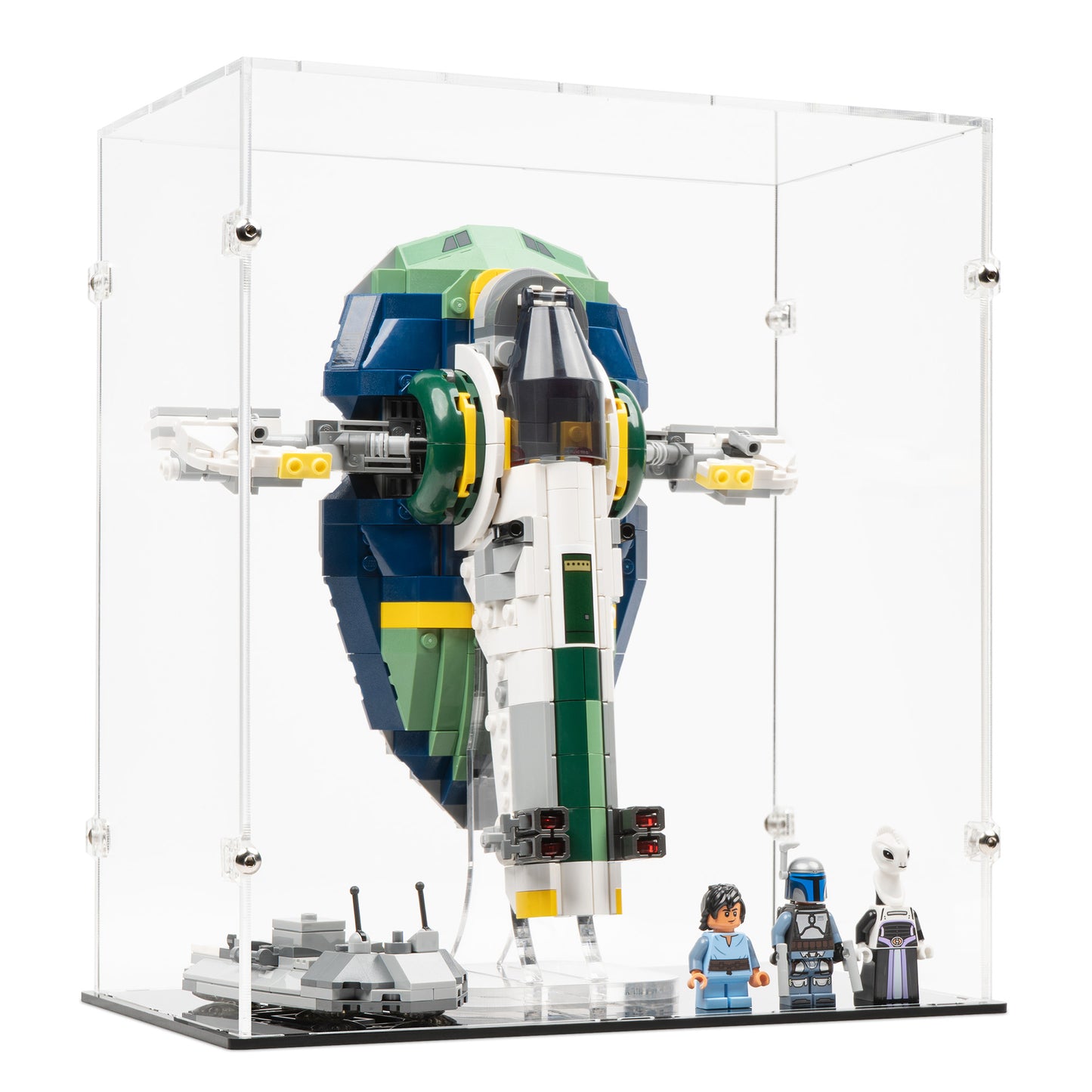 Angled view of LEGO 75433 Jango Fett's Starship Display Case and Stand.