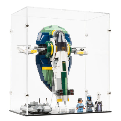 Angled view of LEGO 75433 Jango Fett's Starship Display Case and Stand.