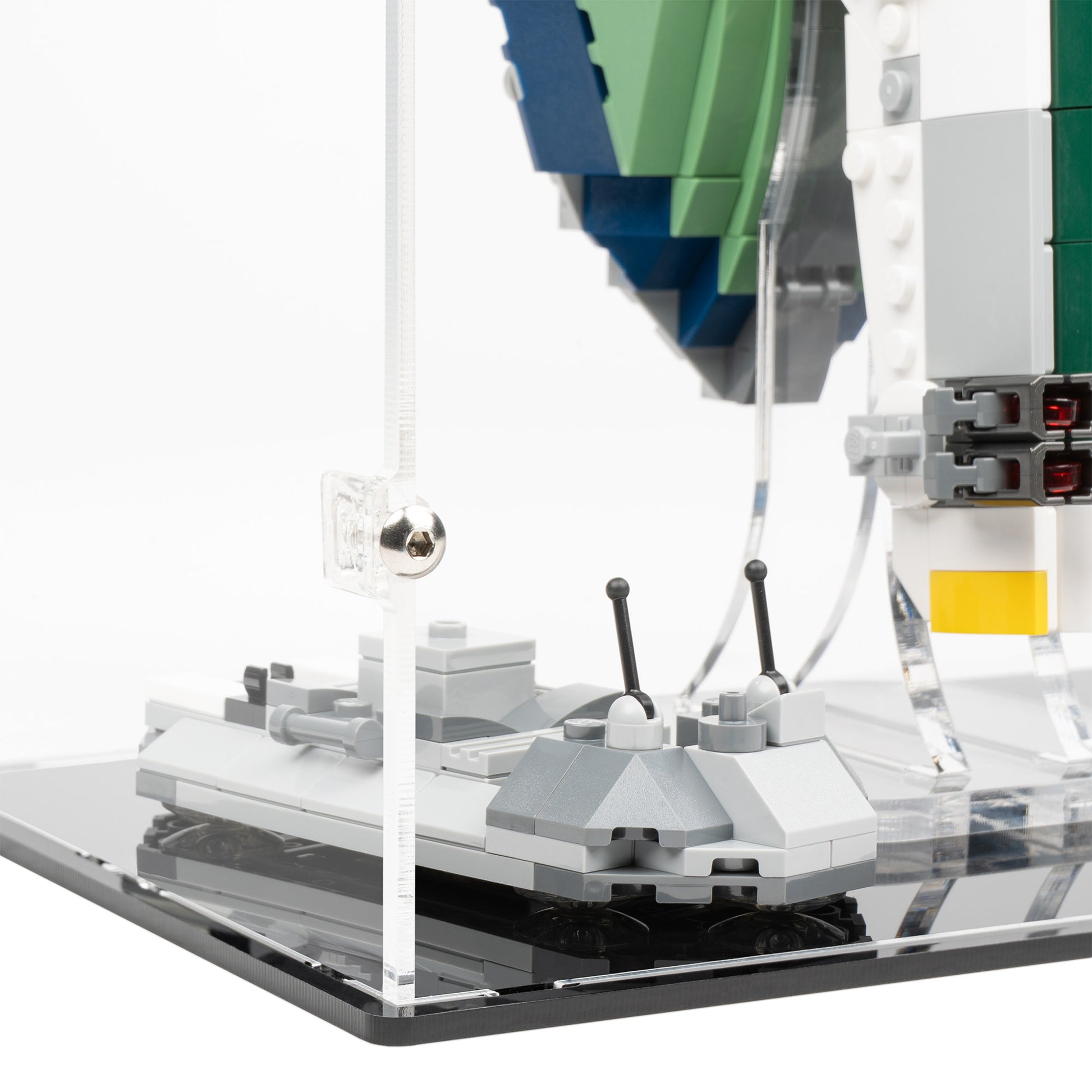 Fitting detail view of LEGO 75433 Jango Fett's Starship Display Case and Stand.