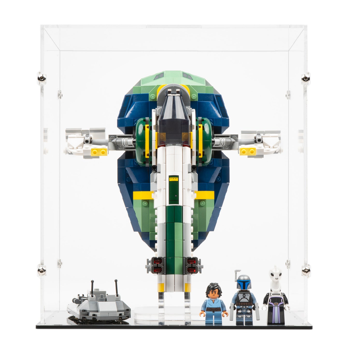 Front view of LEGO 75433 Jango Fett's Starship Display Case and Stand.