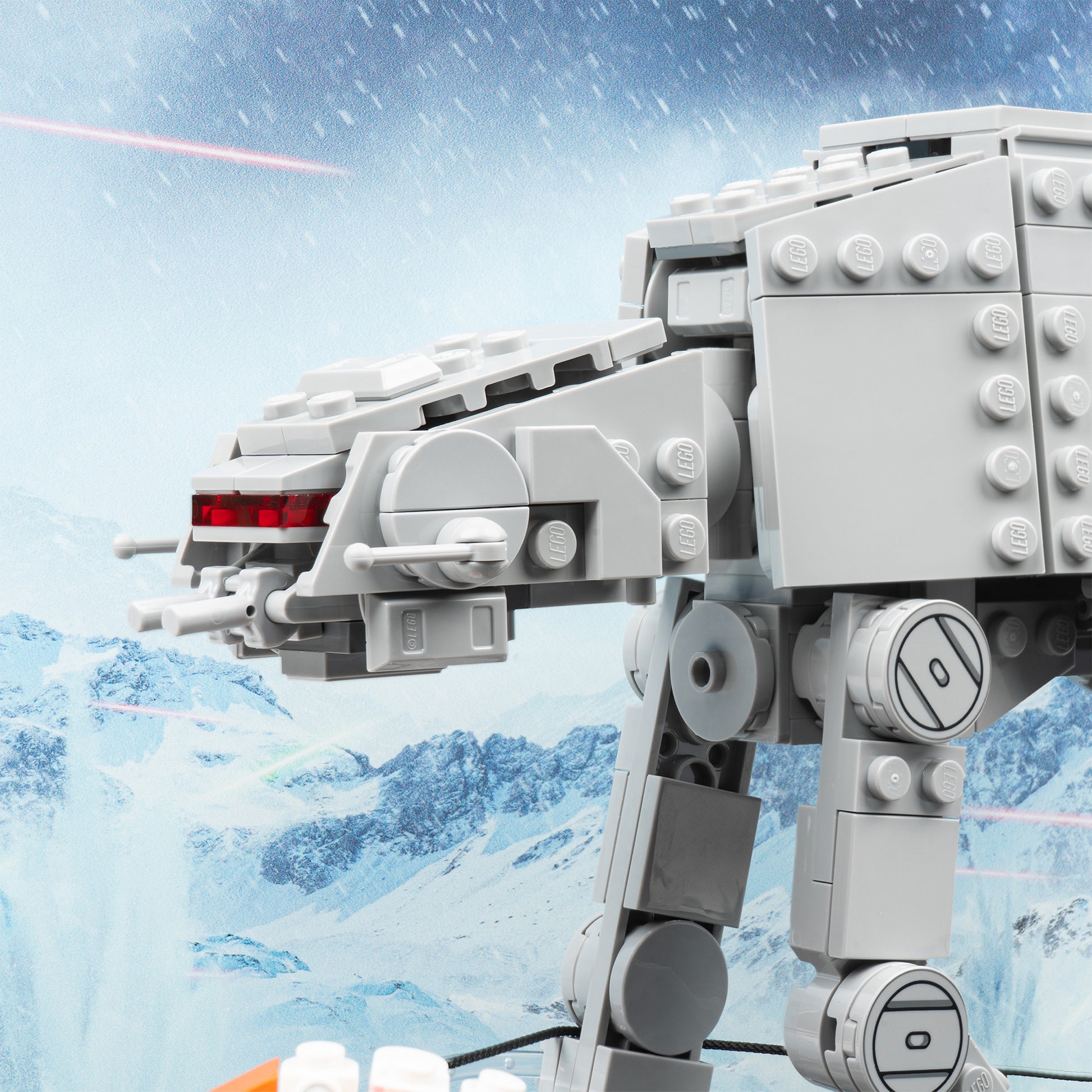 AT-AT detail view of LEGO 75440 AT-AT Display Case with a UV printed background.
