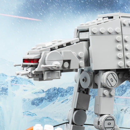 AT-AT detail view of LEGO 75440 AT-AT Display Case with a UV printed background.