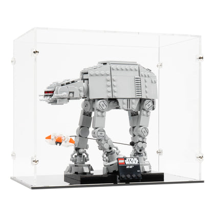 Angled view of LEGO 75440 AT-AT Display Case with a black base.