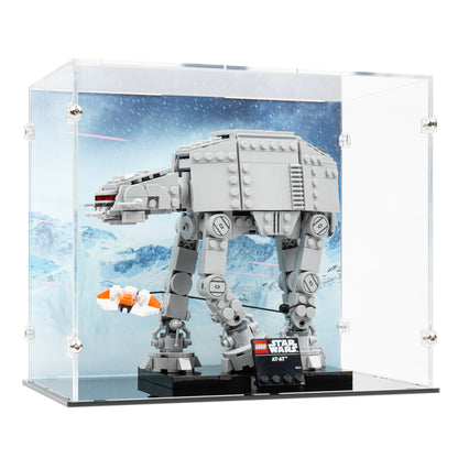 Angled view of LEGO 75440 AT-AT Display Case with a black base and a UV printed background.