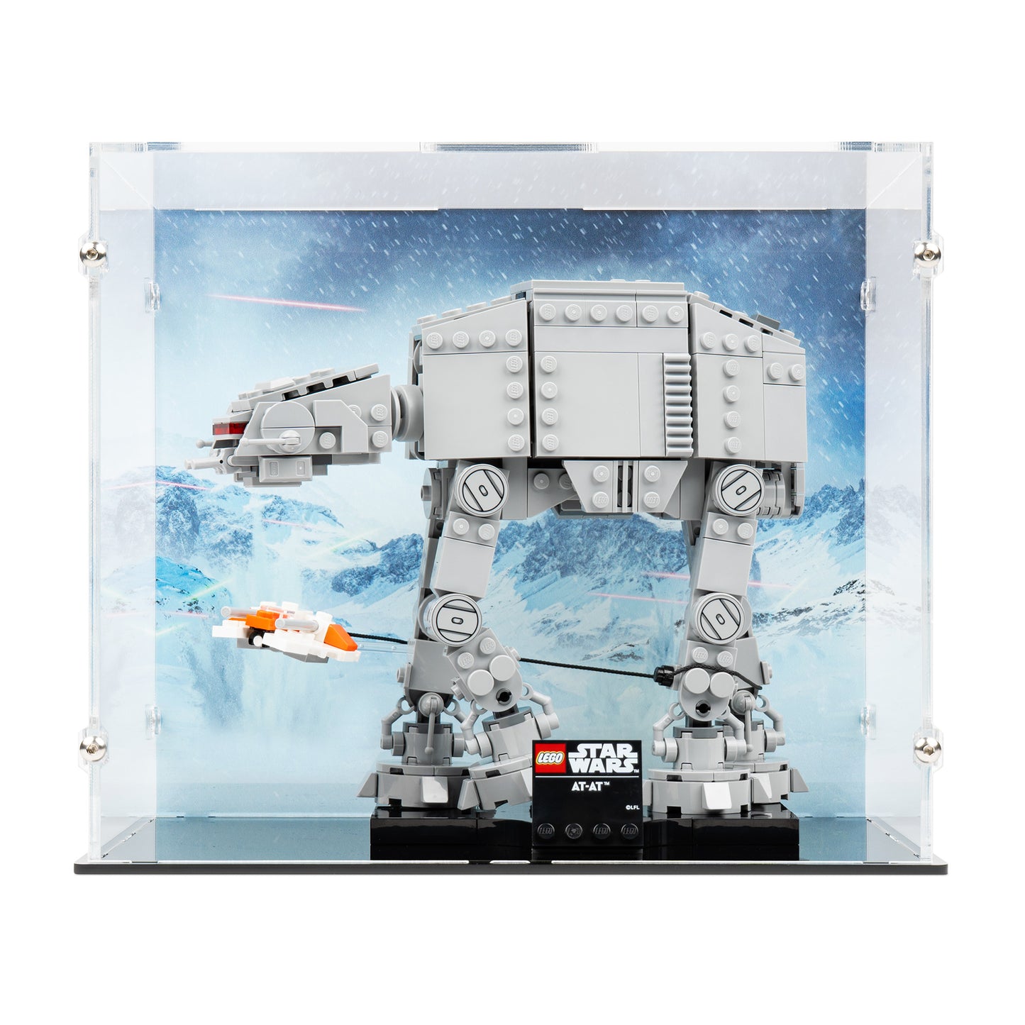 Front view of LEGO 75440 AT-AT Display Case with a black base and a UV printed background.