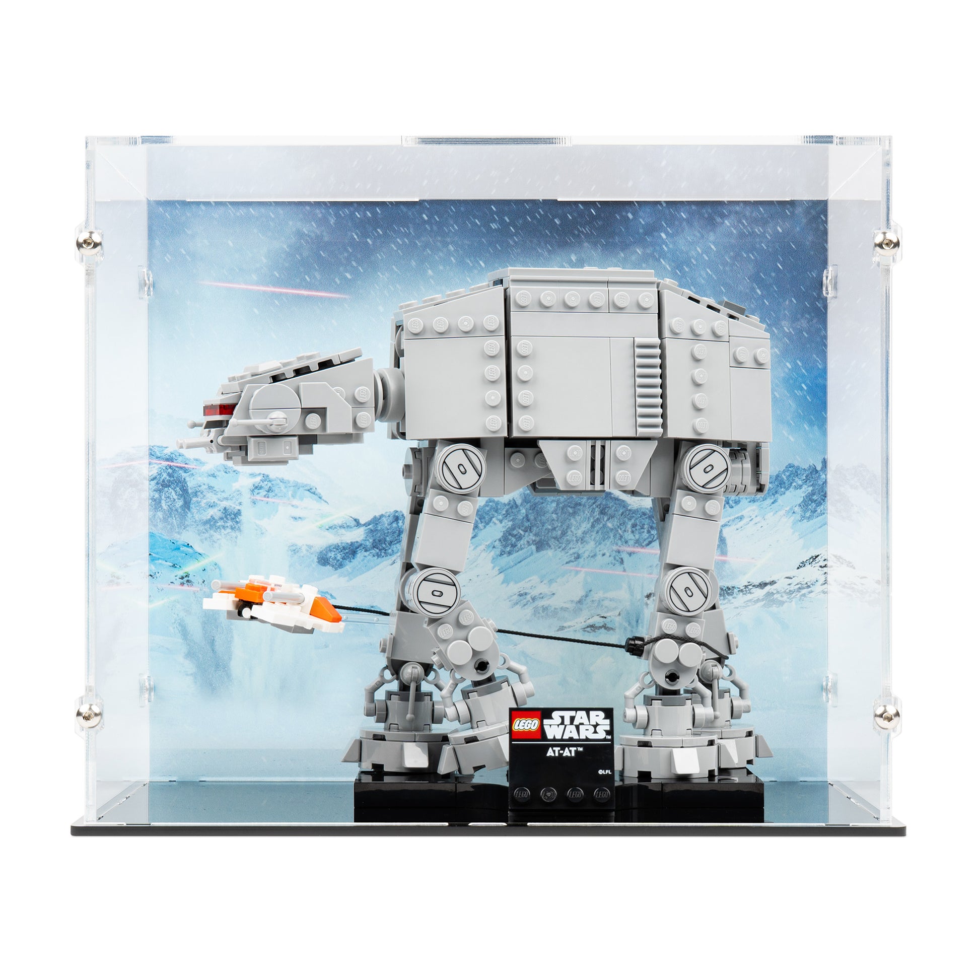 Front view of LEGO 75440 AT-AT Display Case with a black base and a UV printed background.