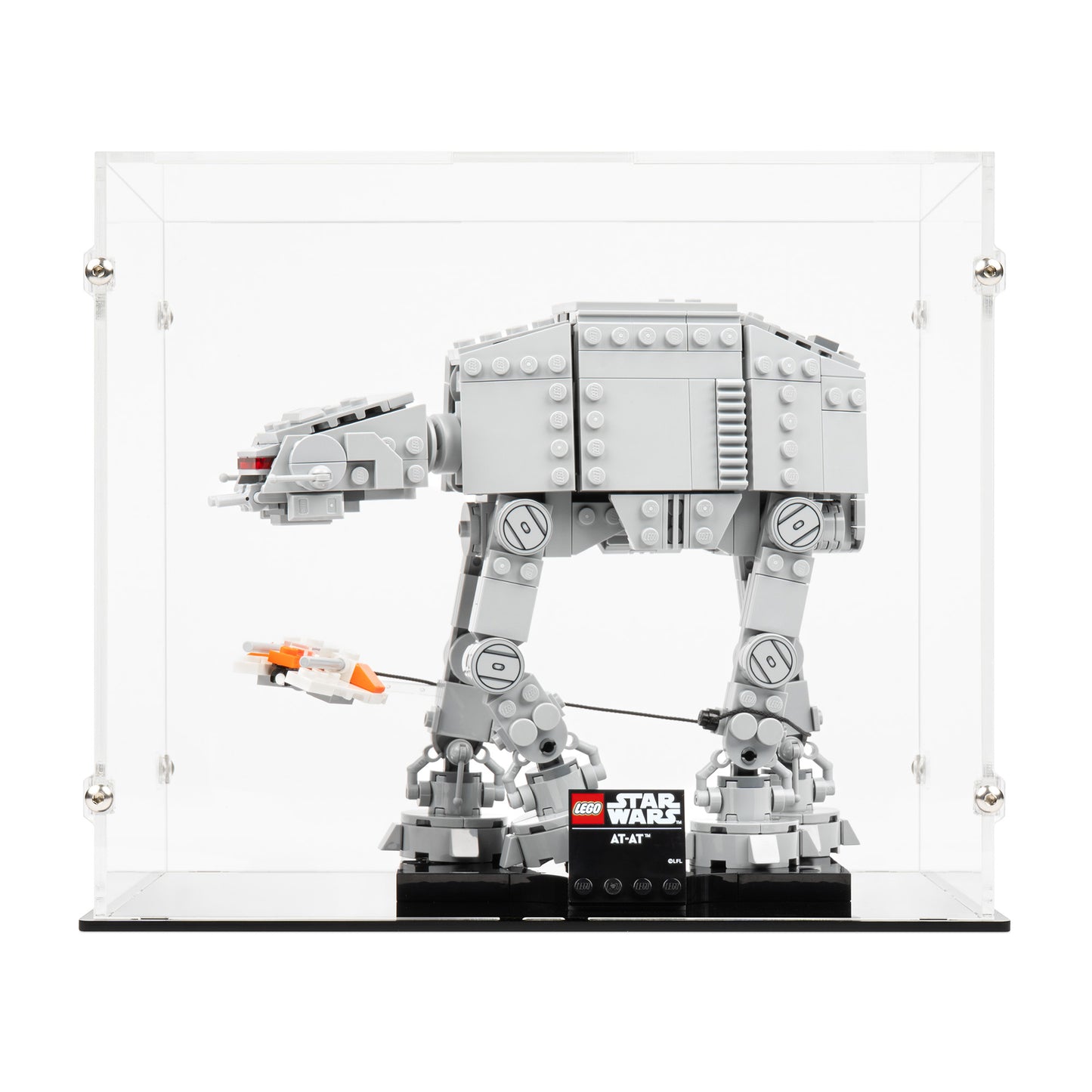 Front view of LEGO 75440 AT-AT Display Case with a black base.