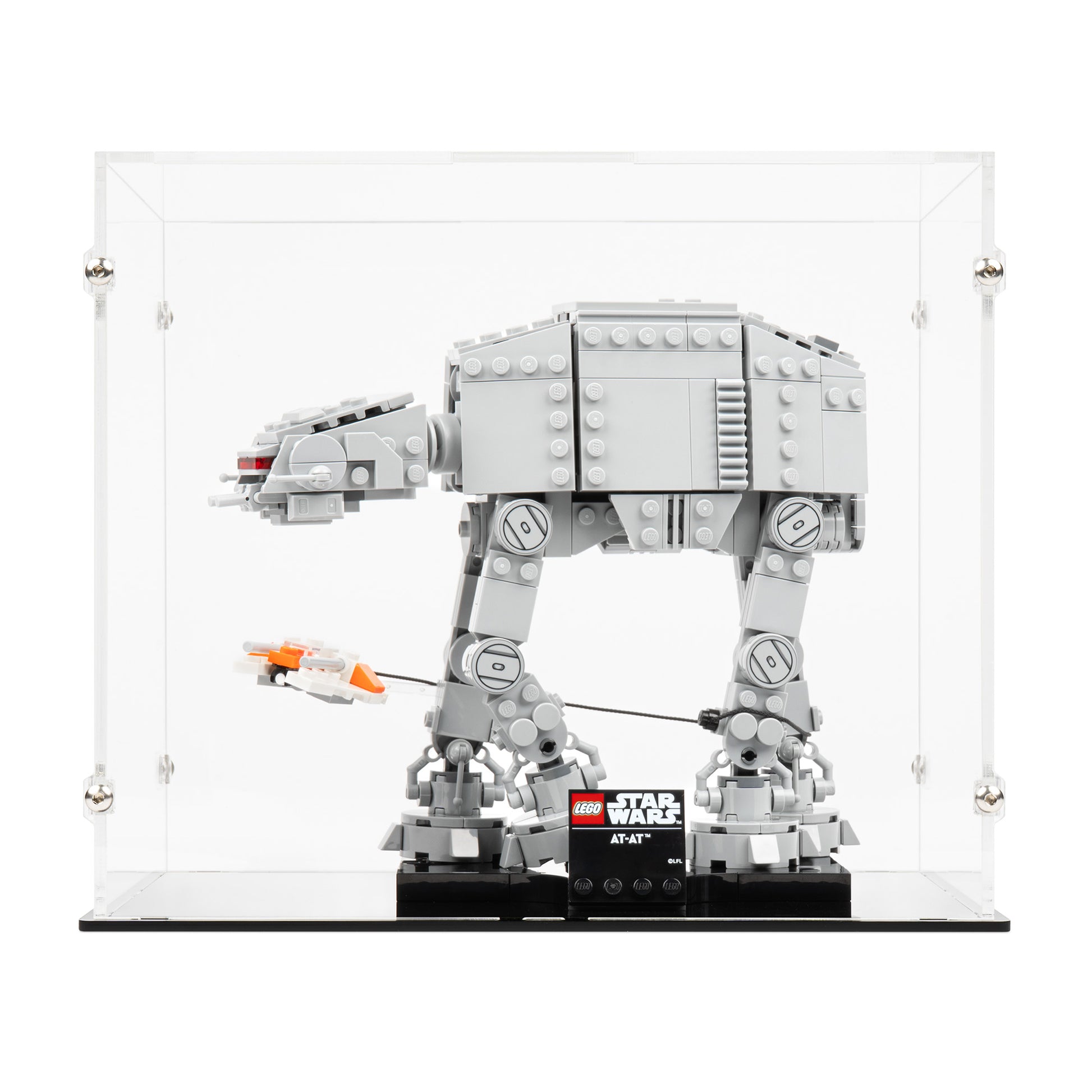 Front view of LEGO 75440 AT-AT Display Case with a black base.