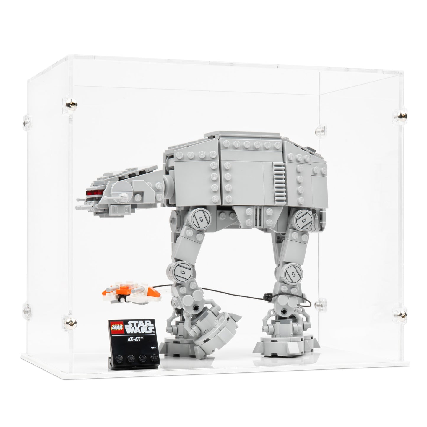 Angled view of LEGO 75440 AT-AT Display Case with a white base.