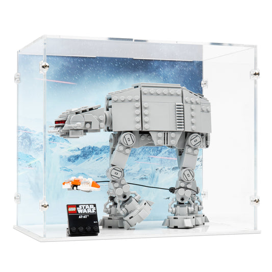 Angled view of LEGO 75440 AT-AT Display Case with a white base and a UV printed background.