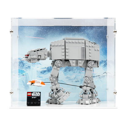 Front view of LEGO 75440 AT-AT Display Case with a white base and a UV printed background.