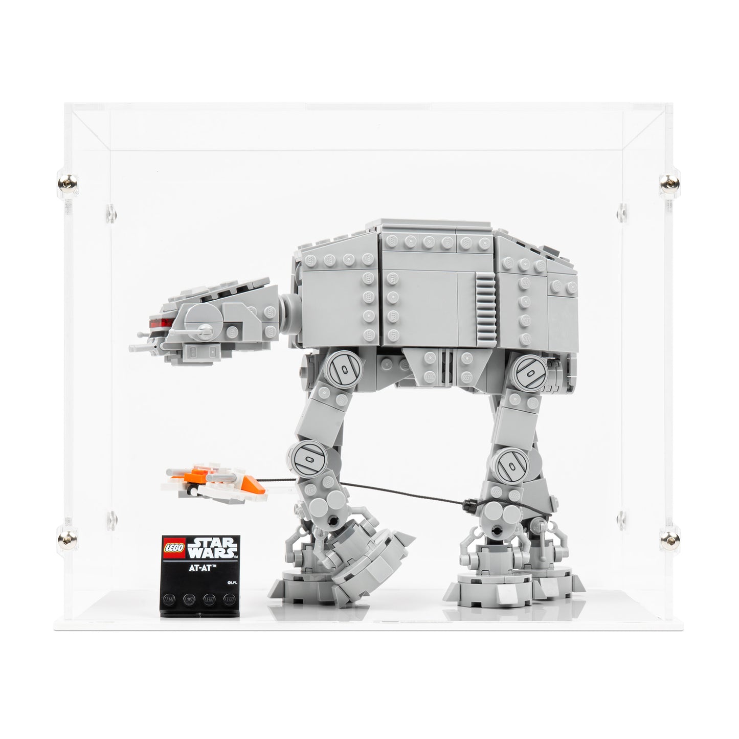 Front view of LEGO 75440 AT-AT Display Case with a white base.