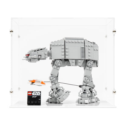 Front view of LEGO 75440 AT-AT Display Case with a white base.