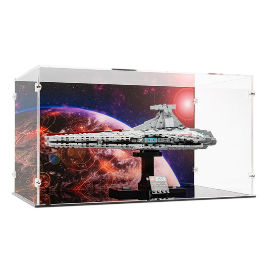 Angled view of LEGO 75441 Venator-Class Attack Cruiser Display Case with a UV printed background.
