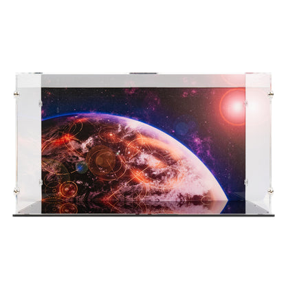 Front view of empty LEGO 75441 Venator-Class Attack Cruiser Display Case with a UV printed background.