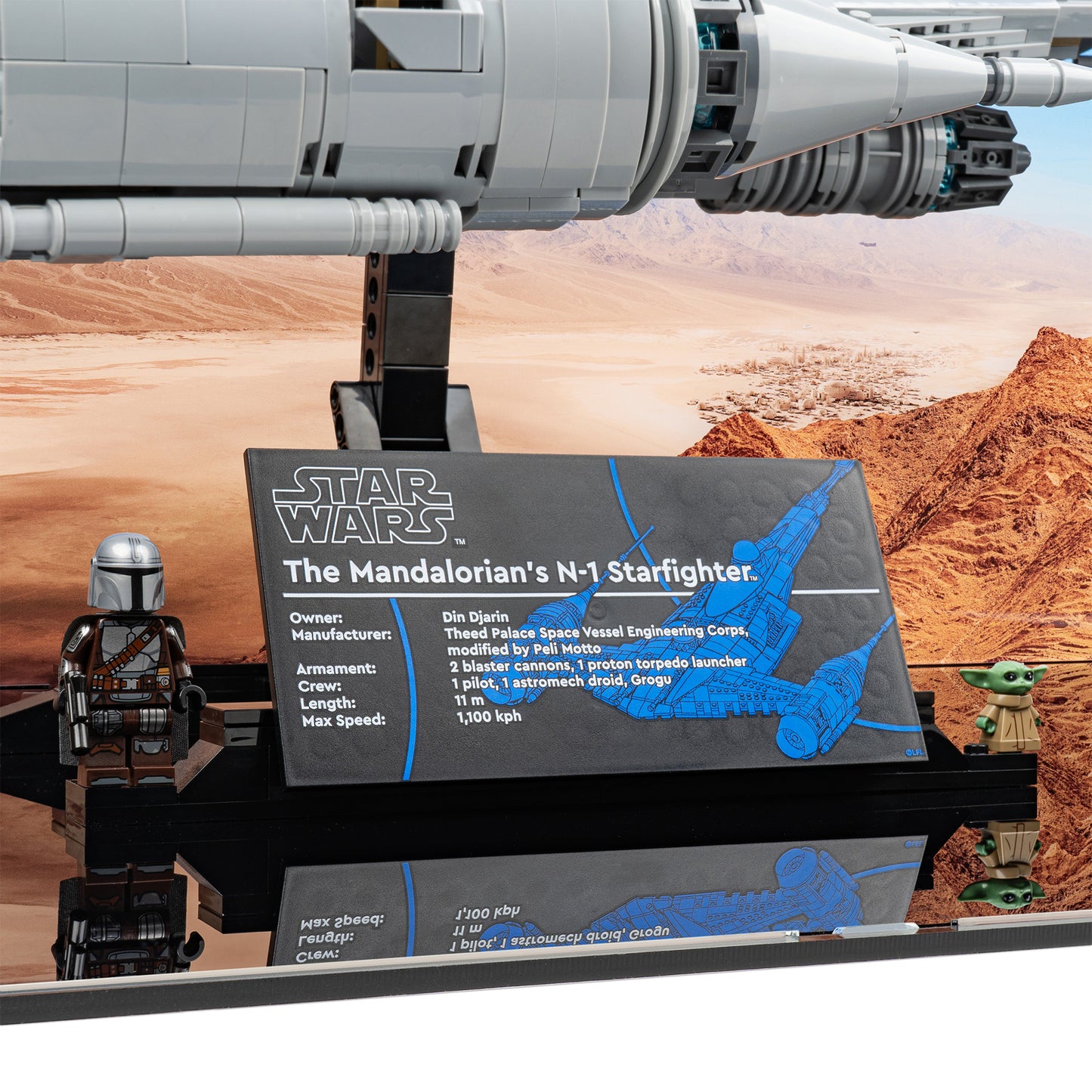 Plaque detail view of LEGO 75442 UCS The Mandalorian's N-1 Starfighter Display Case with a UV printed background.