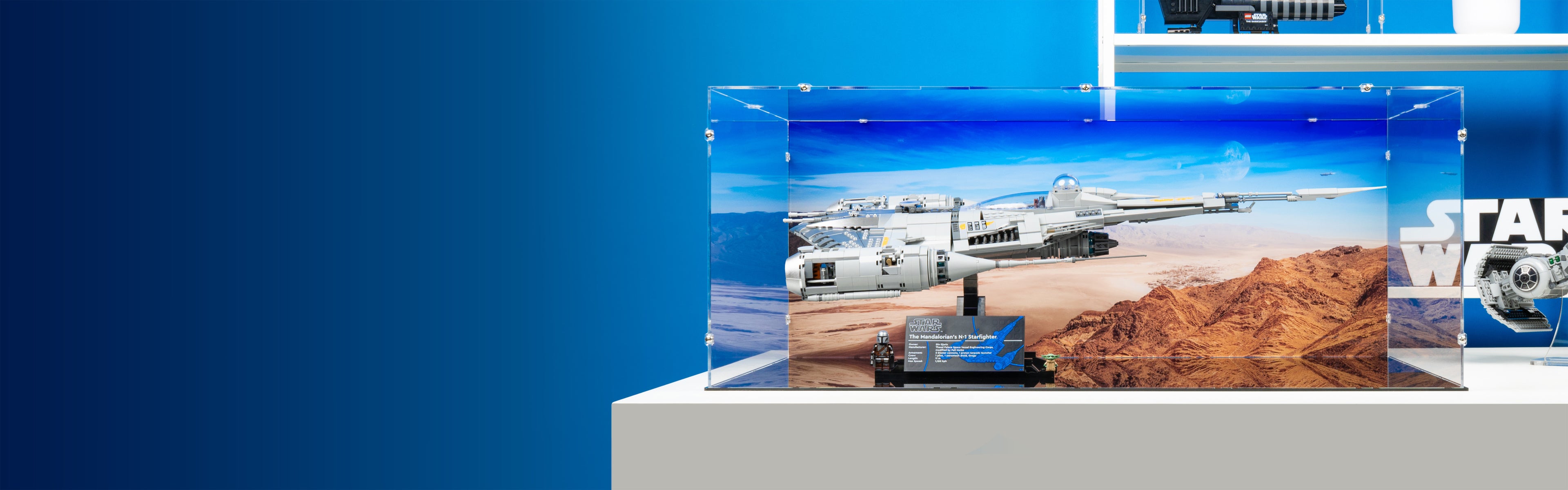 LEGO 75442 UCS The Mandalorian's N-1 Starfighter Display Case with a UV printed background.