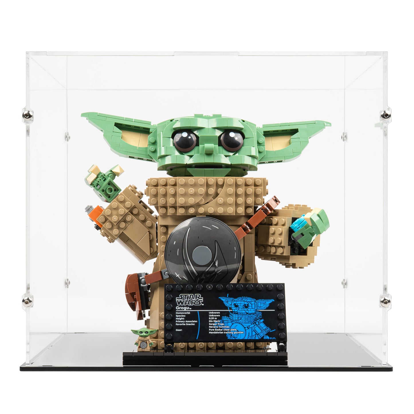 Front view of LEGO 75446 Grogu Mandalorian Apprentice Display Case.