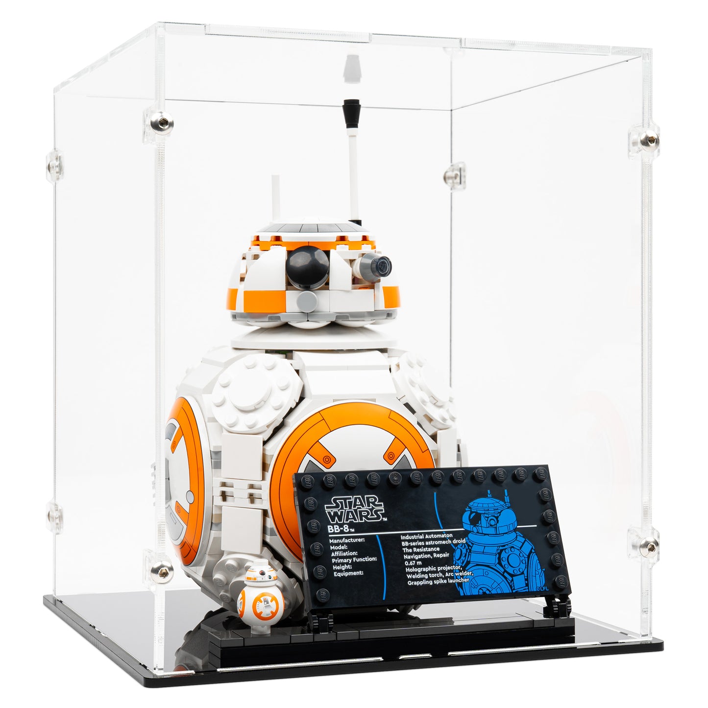 Angled view of LEGO 75452 BB-8 Astromech Droid Display Case.
