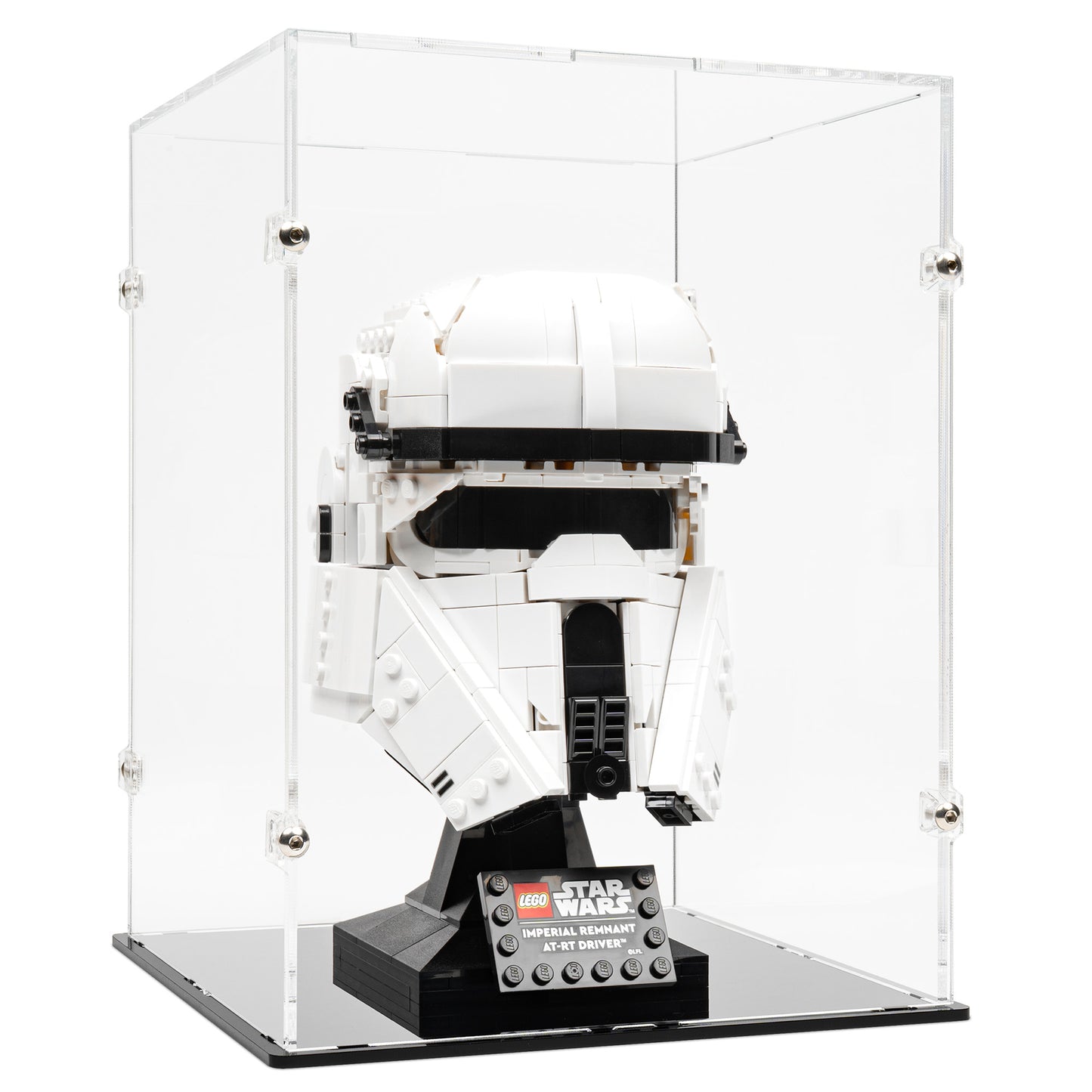 Angled view of LEGO 75458 Imperial Remnant AT-RT Driver Helmet Display Case.