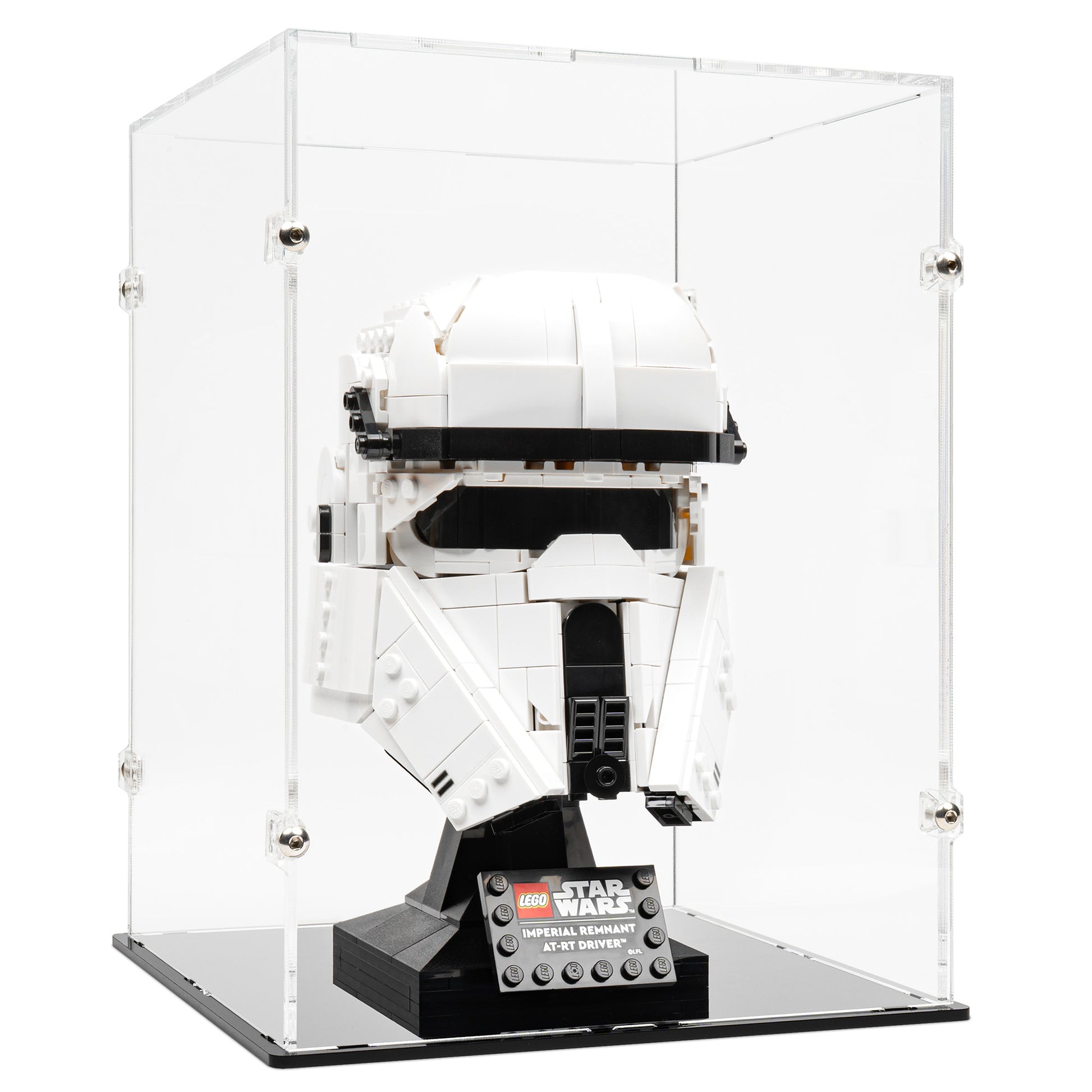 Angled view of LEGO 75458 Imperial Remnant AT-RT Driver Helmet Display Case.