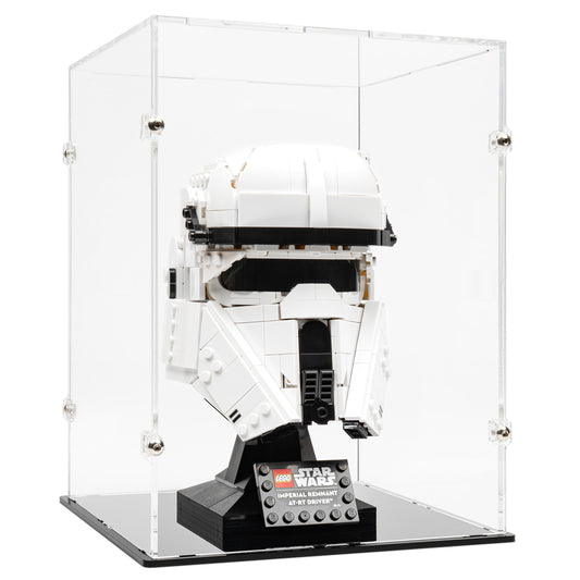 Angled view of LEGO 75458 Imperial Remnant AT-RT Driver Helmet Display Case.