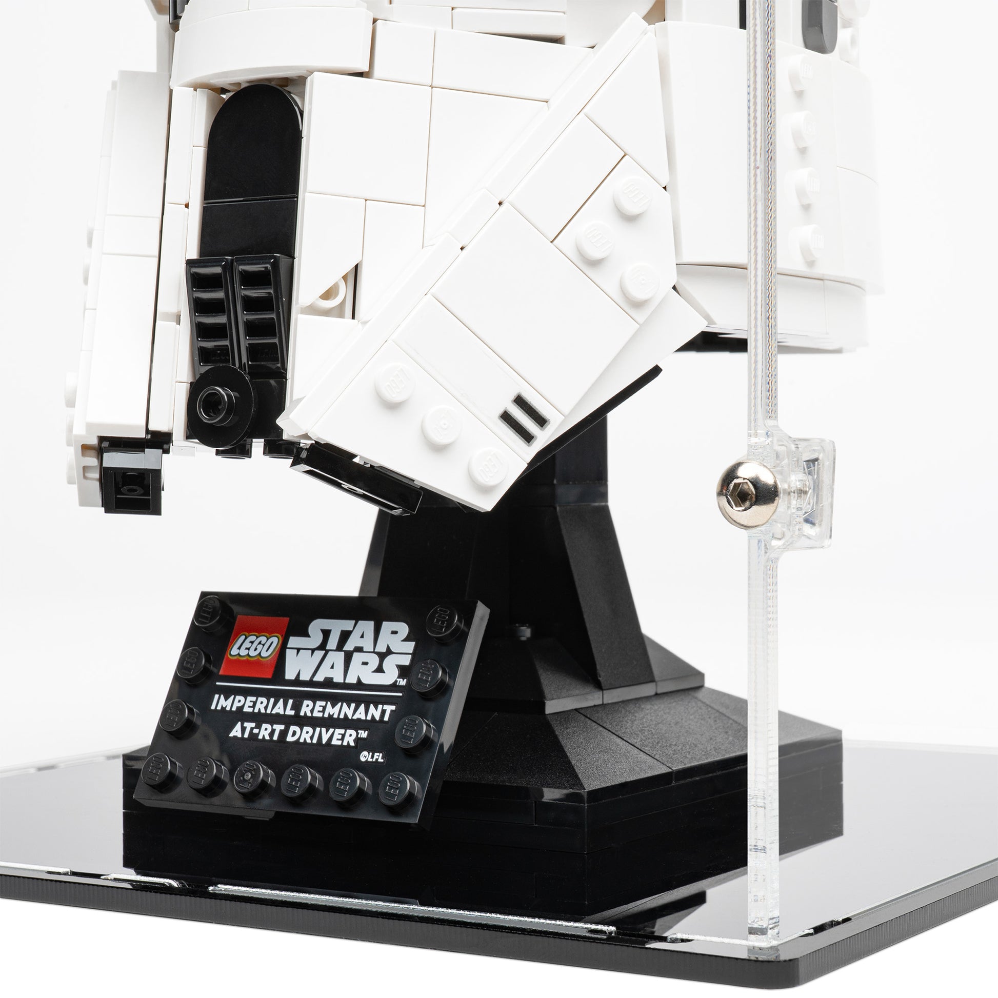 Plaque detail view of LEGO 75458 Imperial Remnant AT-RT Driver Helmet Display Case.