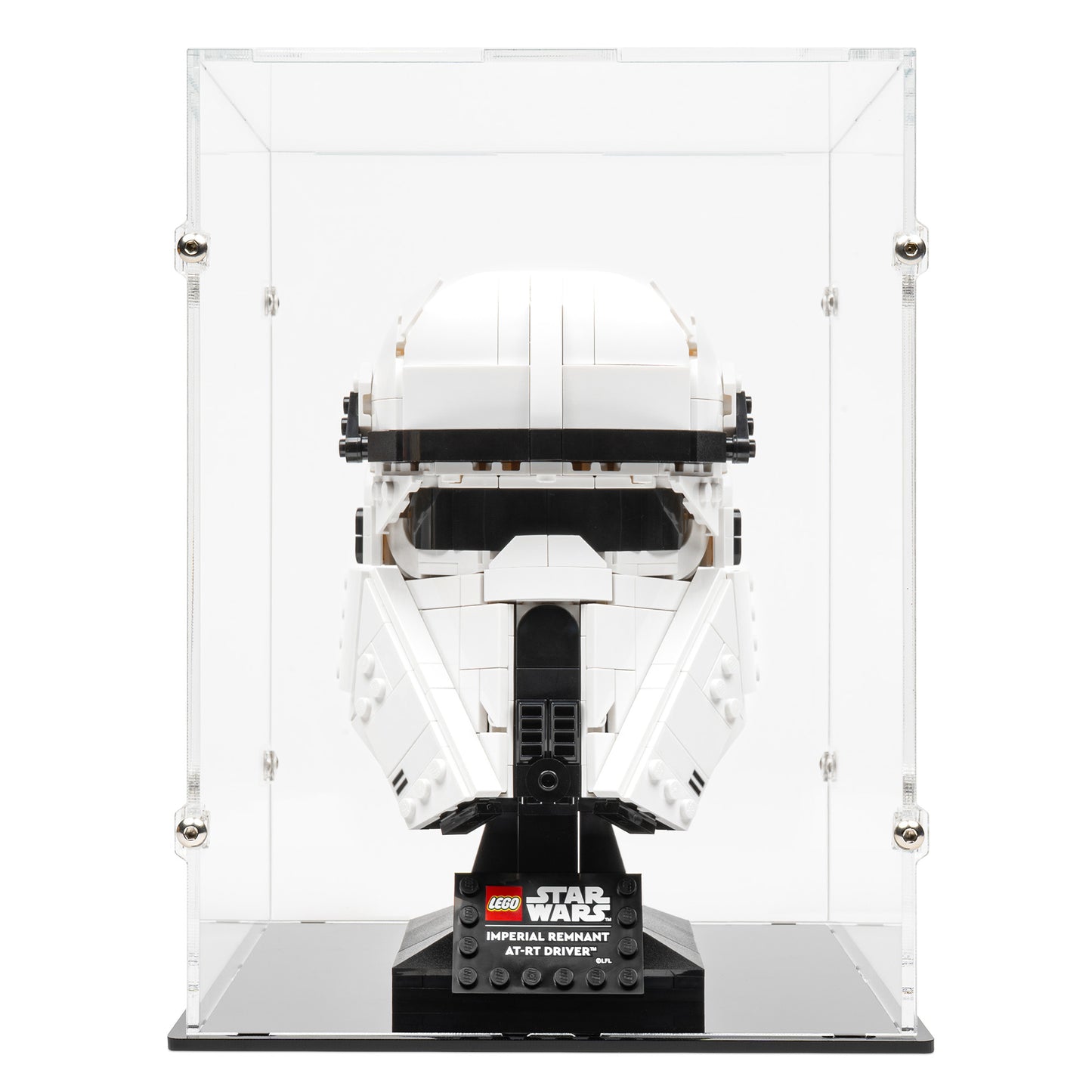 Front view of LEGO 75458 Imperial Remnant AT-RT Driver Helmet Display Case.