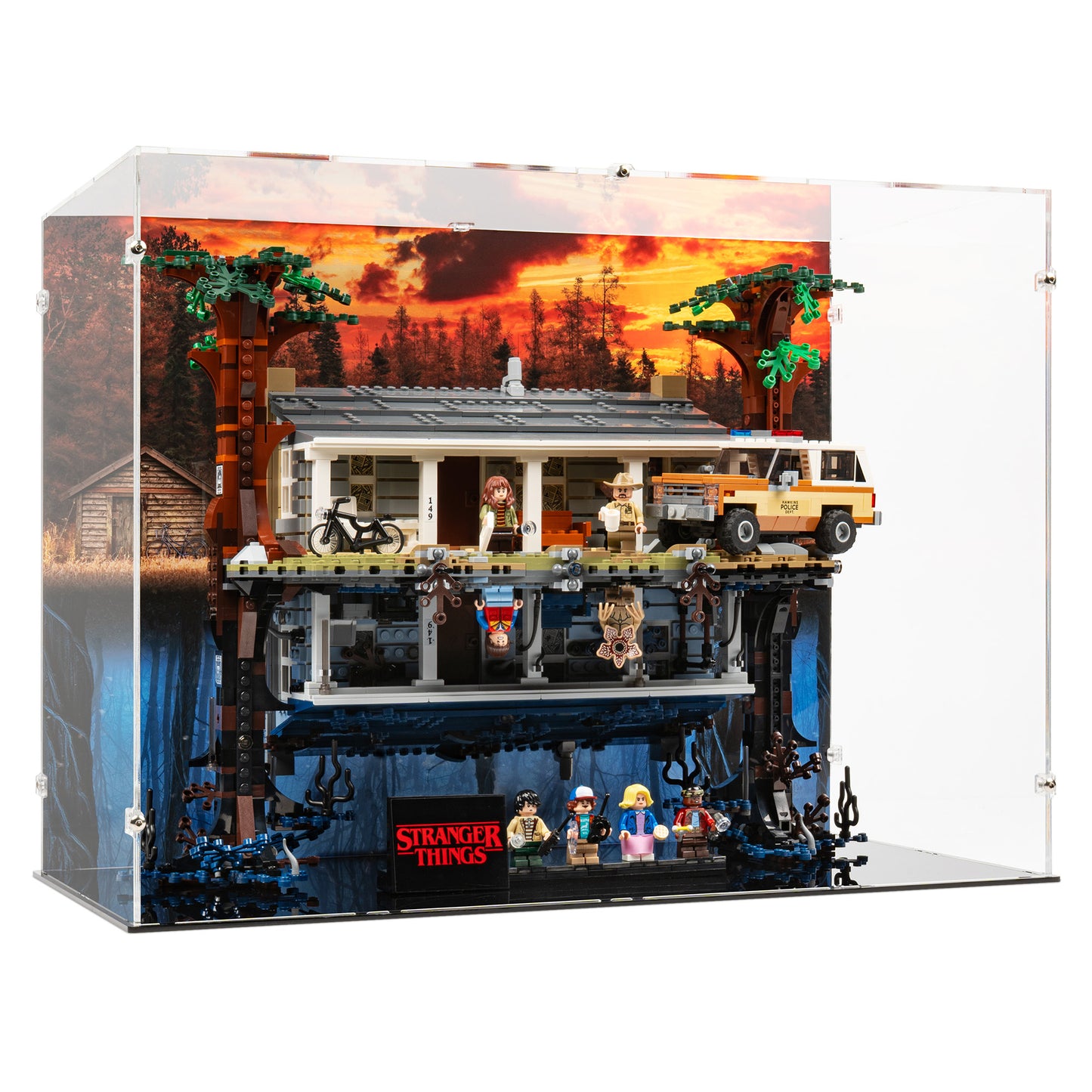 Angled view of LEGO 75810 The Upside Down Display Case with a UV printed background.