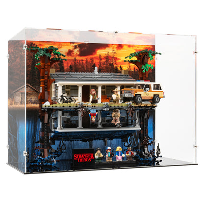 Angled view of LEGO 75810 The Upside Down Display Case with a UV printed background.