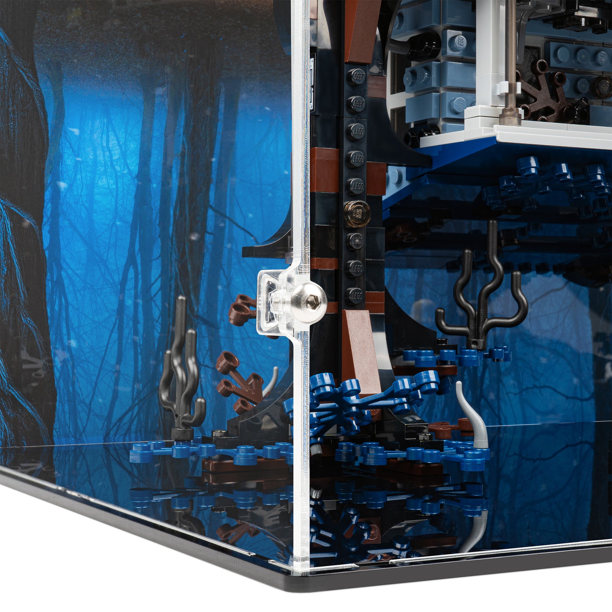 Fitting detail view of LEGO 75810 The Upside Down Display Case with a UV printed background.
