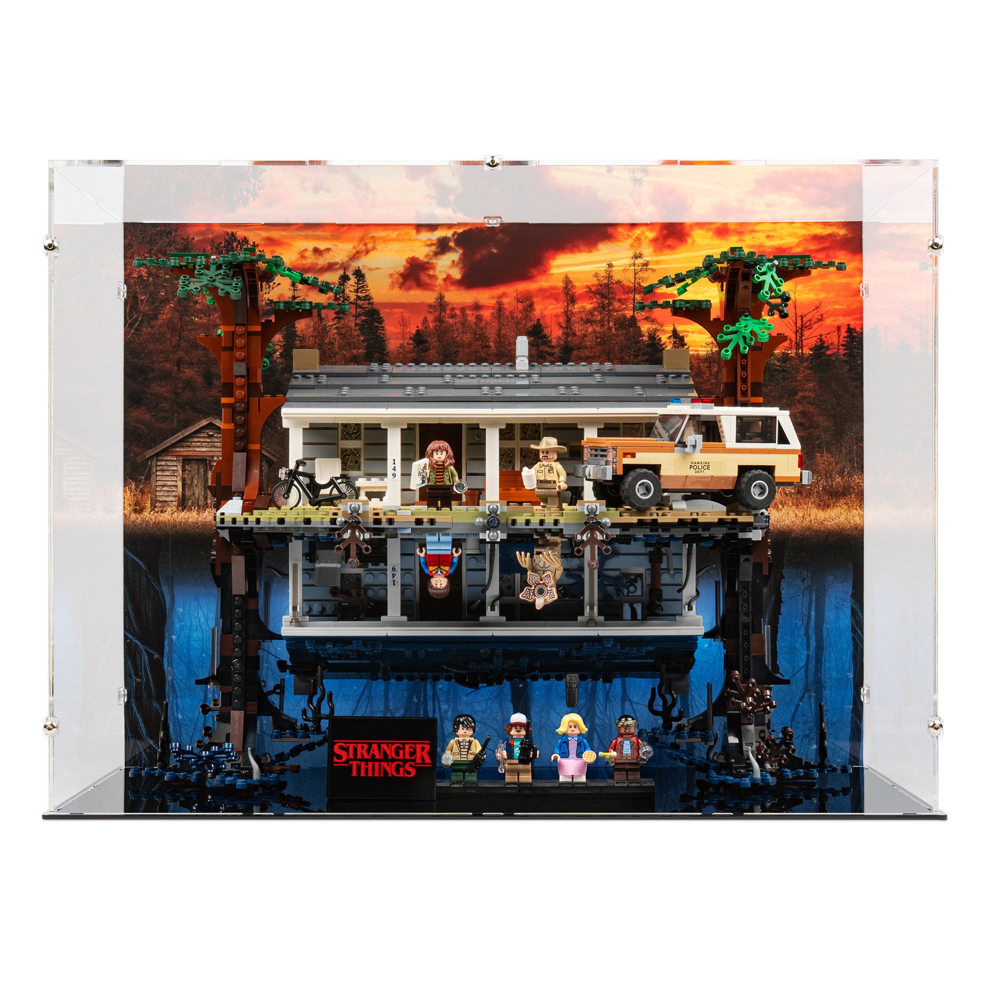 Front view of LEGO 75810 The Upside Down Display Case with a UV printed background.